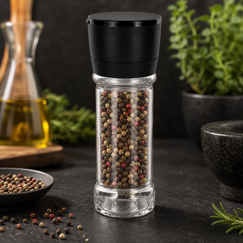 Salt-/kryddburk 100 ml med kvarn, Vario svart Kryddburk på 100 ml med svart kvarn, fylld med färgglada pepparkorn på en mörk yta