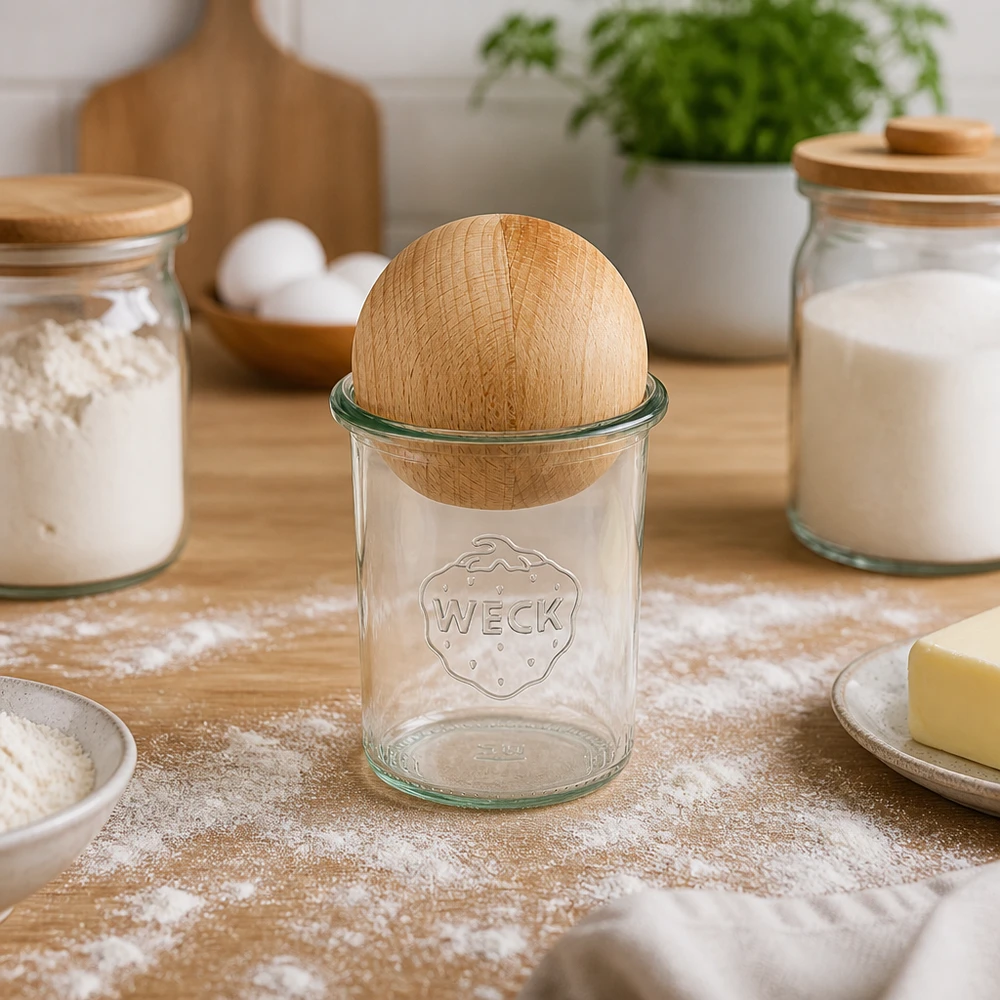 160ml Krossade glasögon WECK RR60 med träkula bok WECK RR60 160 ml-glas med bokbollspropp placerade mellan mjölburkar och bakingredienser i bageriköket