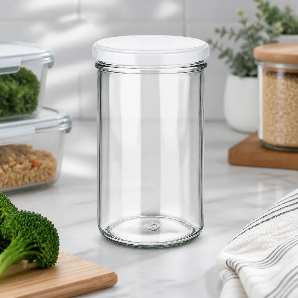 Muggar 277 ml med lock BasicSeal vit UNiTWIST 277ml Einmachglas in moderner Küchenumgebung mit Gemüse und Vorratsgläsern - vielseitig für Meal Prep und Aufbewahrung