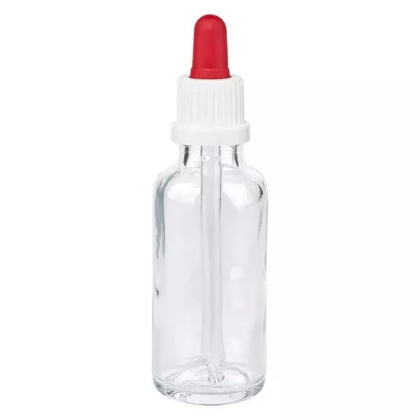 Apoteksflaska klar 30 ml pipett vit/röd med manipulationsskyddad förslutning Apoteksflaska klar 30 ml pipett vit/röd med manipulationsskyddad förslutning