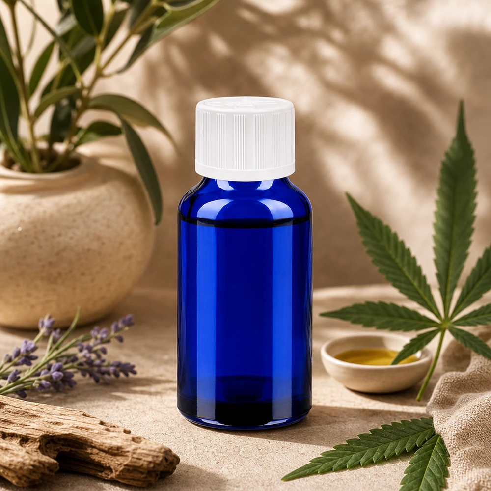 20 ml BlueLine-glasflaska med barnsäkert skruvlock för säker förvaring av läkemedel