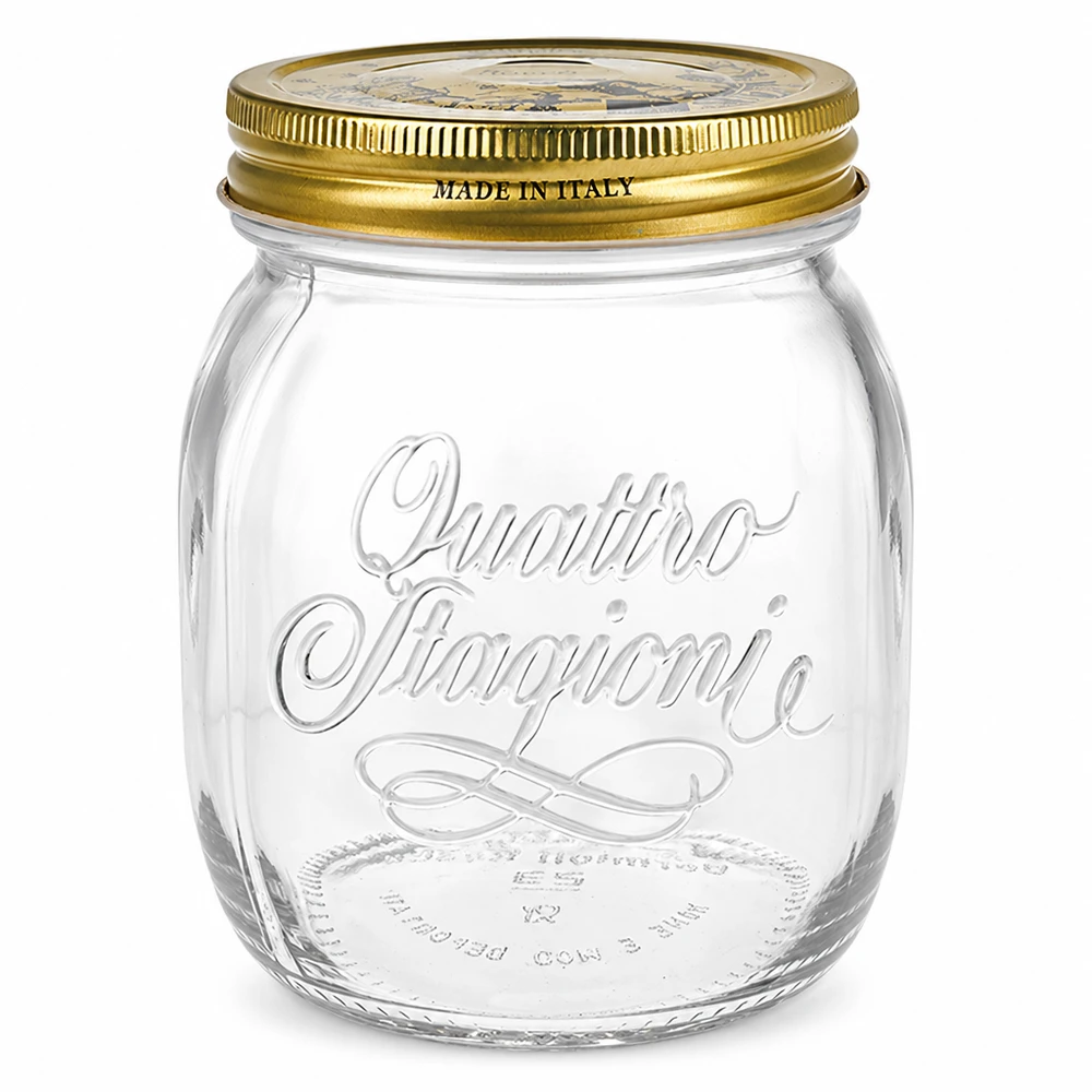 700ml rund burk "Quattro Stagioni" med lock 700 ml rund burk Quattro Stagioni med guldlock Made in Italy konserveringsburk Italiensk design tom