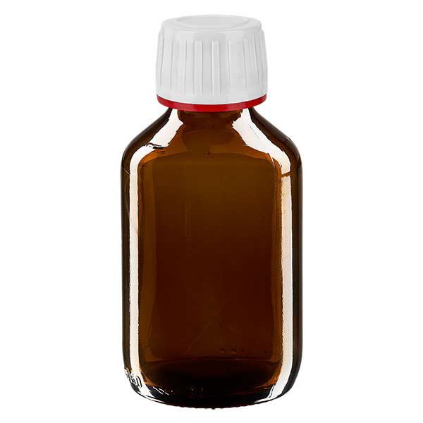 150 ml medicinflaska brun, vitt lock med sabotageringssäker ring röd ApoGlas 150 ml medicinflaska brun, vitt lock med sabotageringssäker ring röd ApoGlas