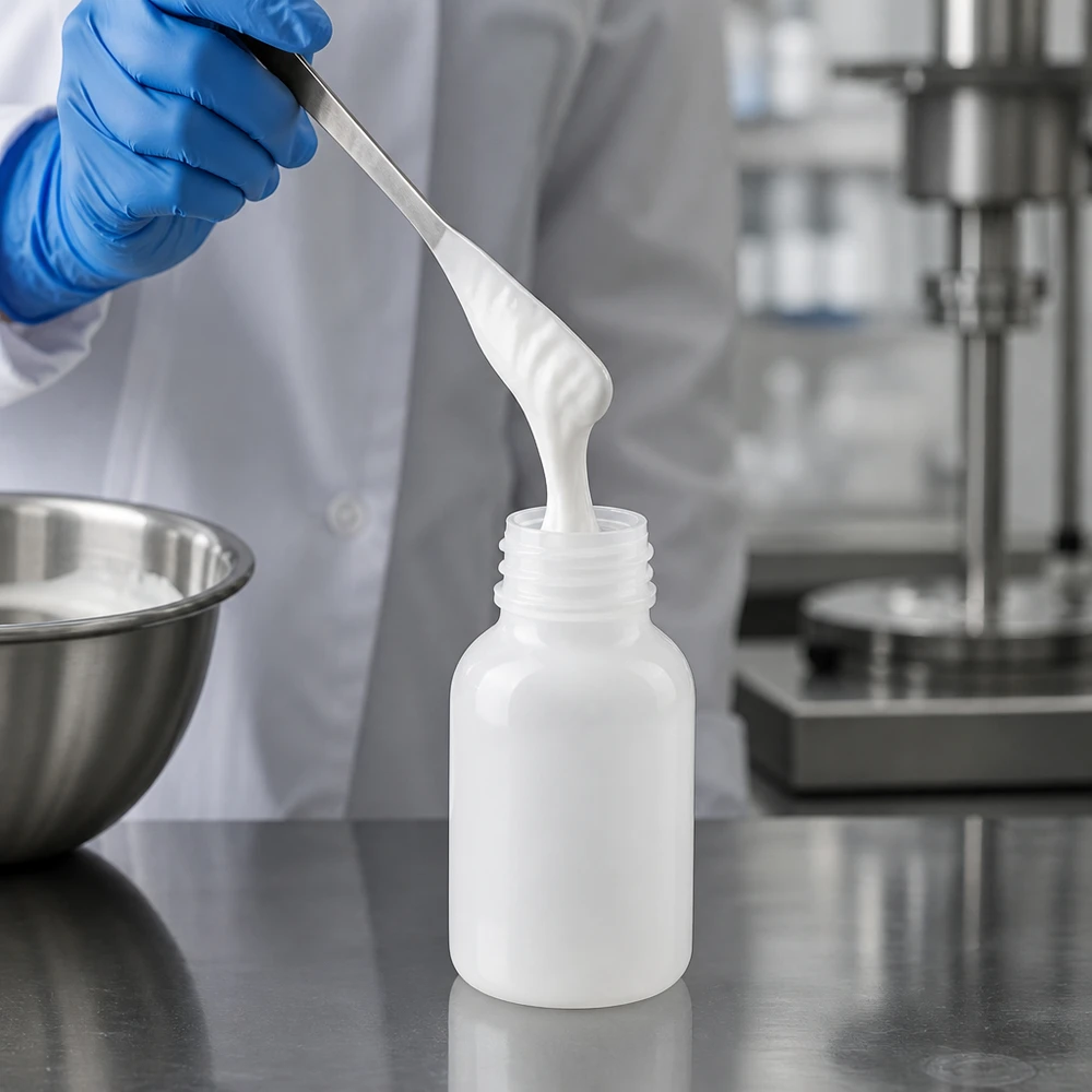 Laboratorieassistenten fyller den krämiga substansen med en spatel i en 100 ml laboratorieflaska med vid hals utan lock