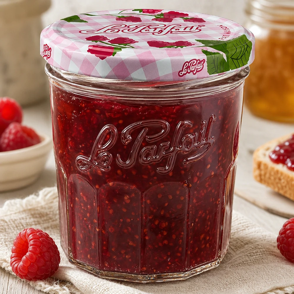 Le Parfait® Jam 324 ml Ø82 mm syltburk Gefülltes 324ml Le Parfait Sturzglas mit Himbeermarmelade und dekorativem Schraubdeckel in gemütlicher Küche