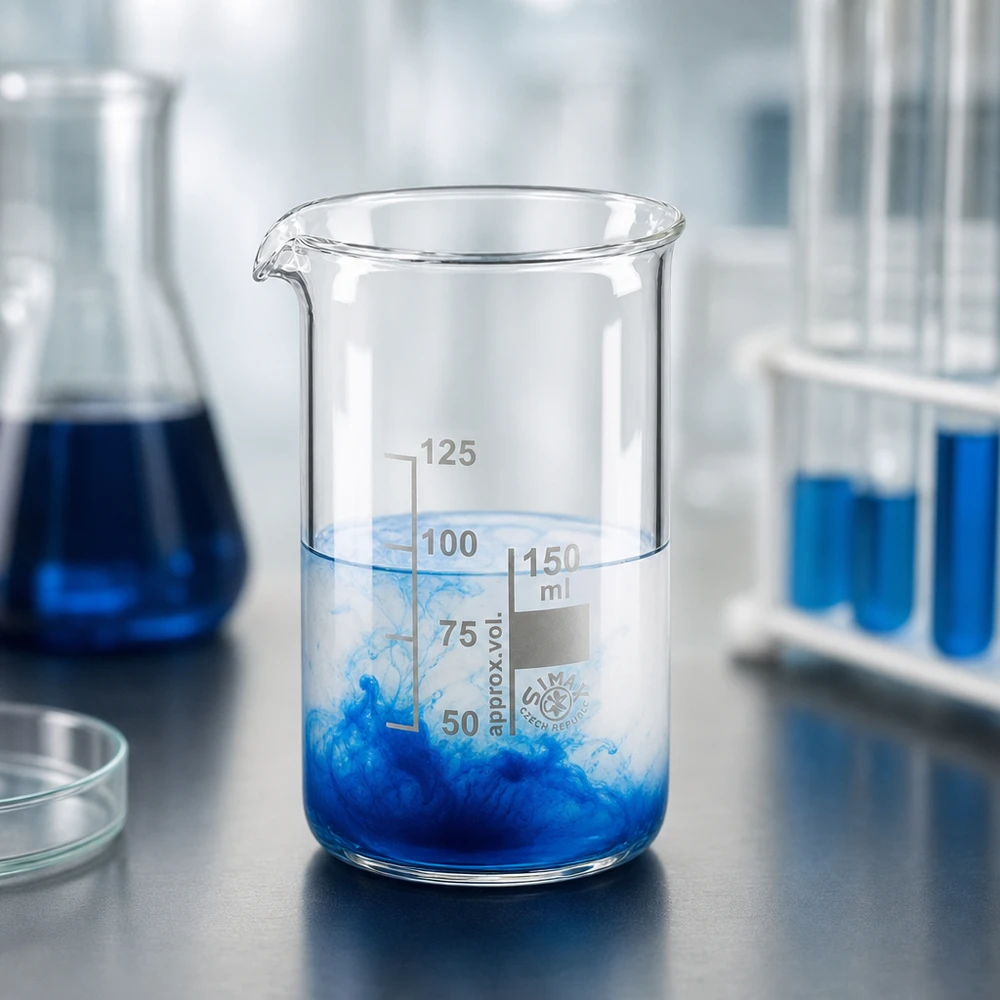 Bägare 150ml borosilikatglas, hög form Borsilikatglasbägare, 150 ml, hög modell med blå lösning i kemilaboratoriet
