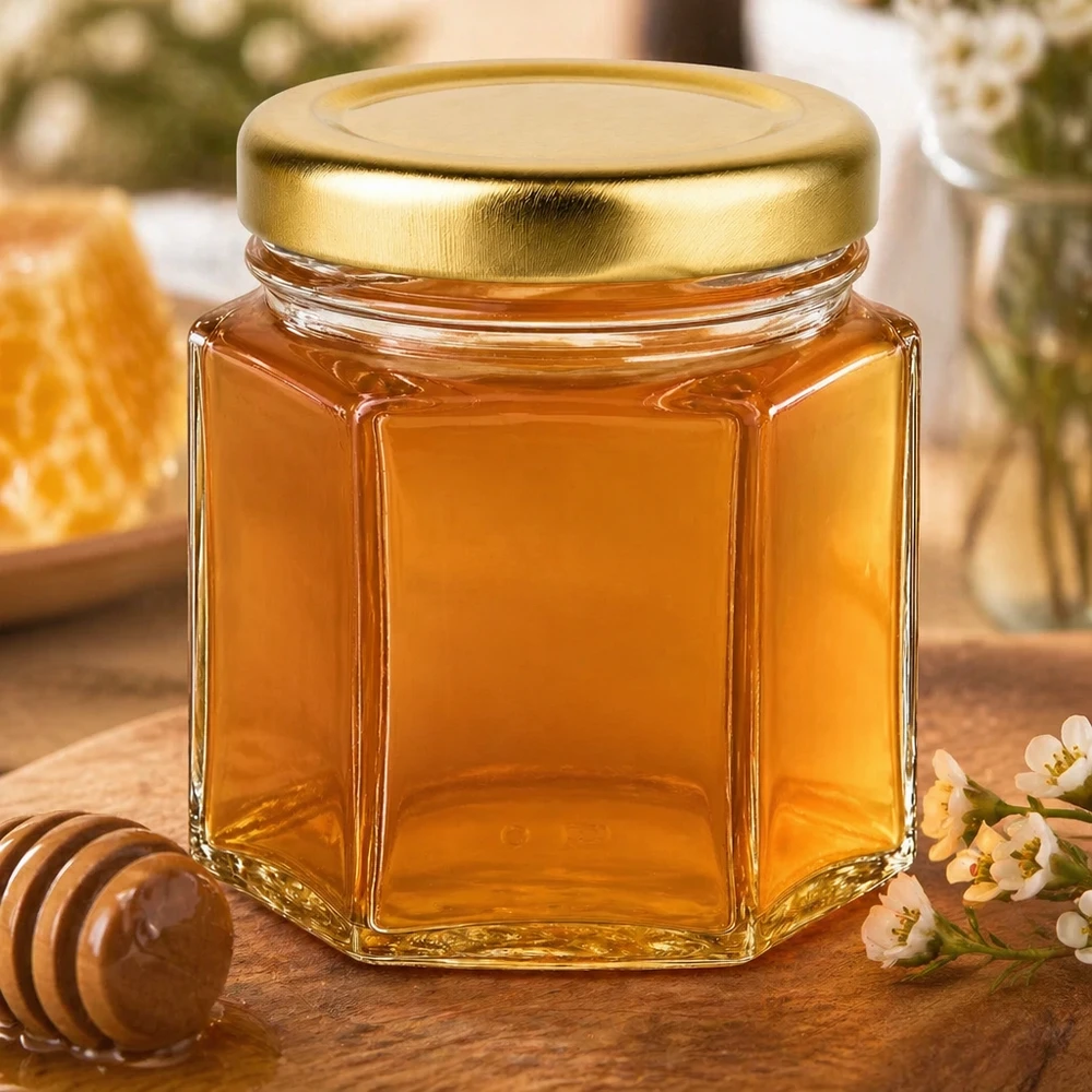 60 g honungsburk med gyllene lock BasicSeal UNiTWIST 60g Honigglas gefüllt mit goldenem Honig neben Holzlöffel und Blüten auf rustikalem Holztisch dekoriert
