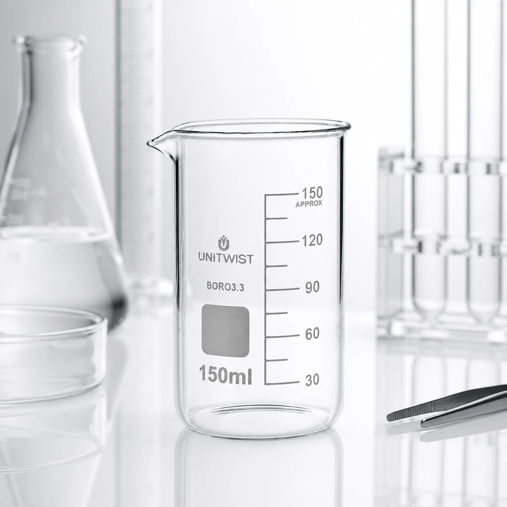 Bägare 150ml borosilikat, hög form UNiTWIST UNITWIST Mätglas 150 ml, hög form, borosilikatglas 3.3, med pip och skala på vit bakgrund