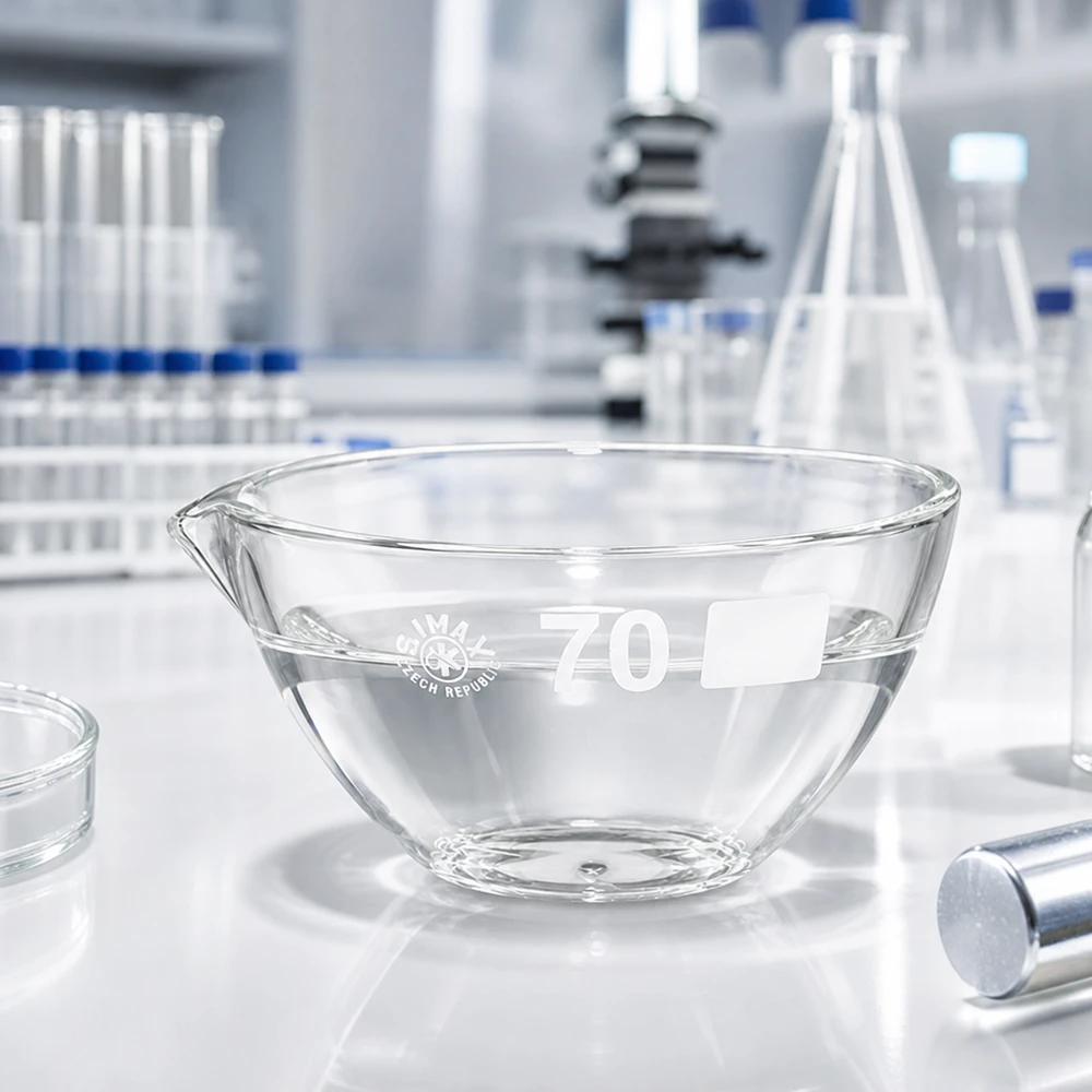 60ml indunstningsskål med pip av borosilikat ø70mm Liten 60 ml indunstningsskål med praktisk pip av robust borosilikatglas för mikroliterarbete