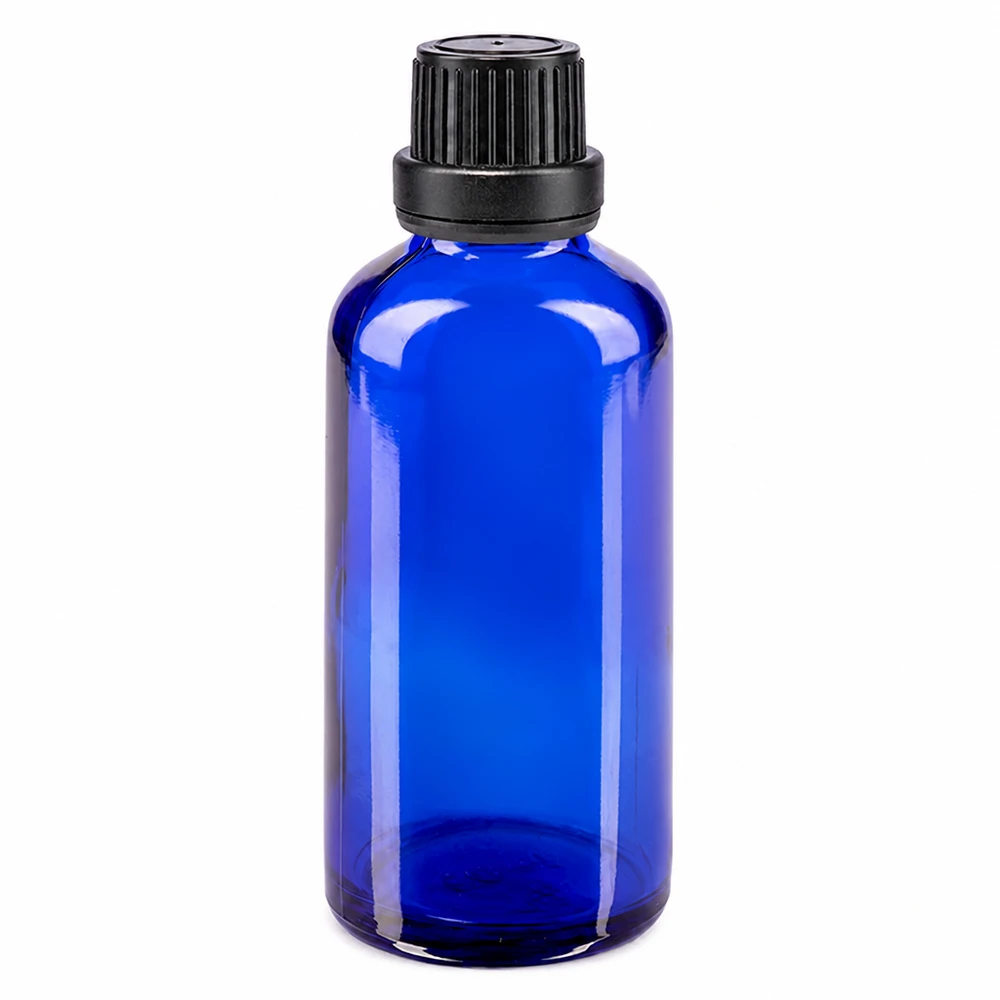 50 ml blå apotekarflaska i glas med svart skruvlock, 11 mm