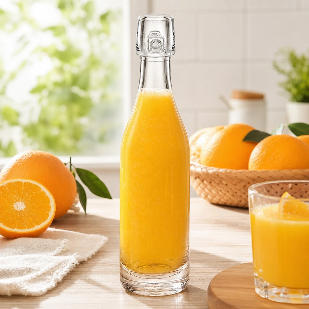 50ml glasflaska utan svängbar topp UNiTWIST 50 ml glasflaska UNiTWIST fylld med apelsinjuice mellan färska apelsiner ljust köksfönster ljus