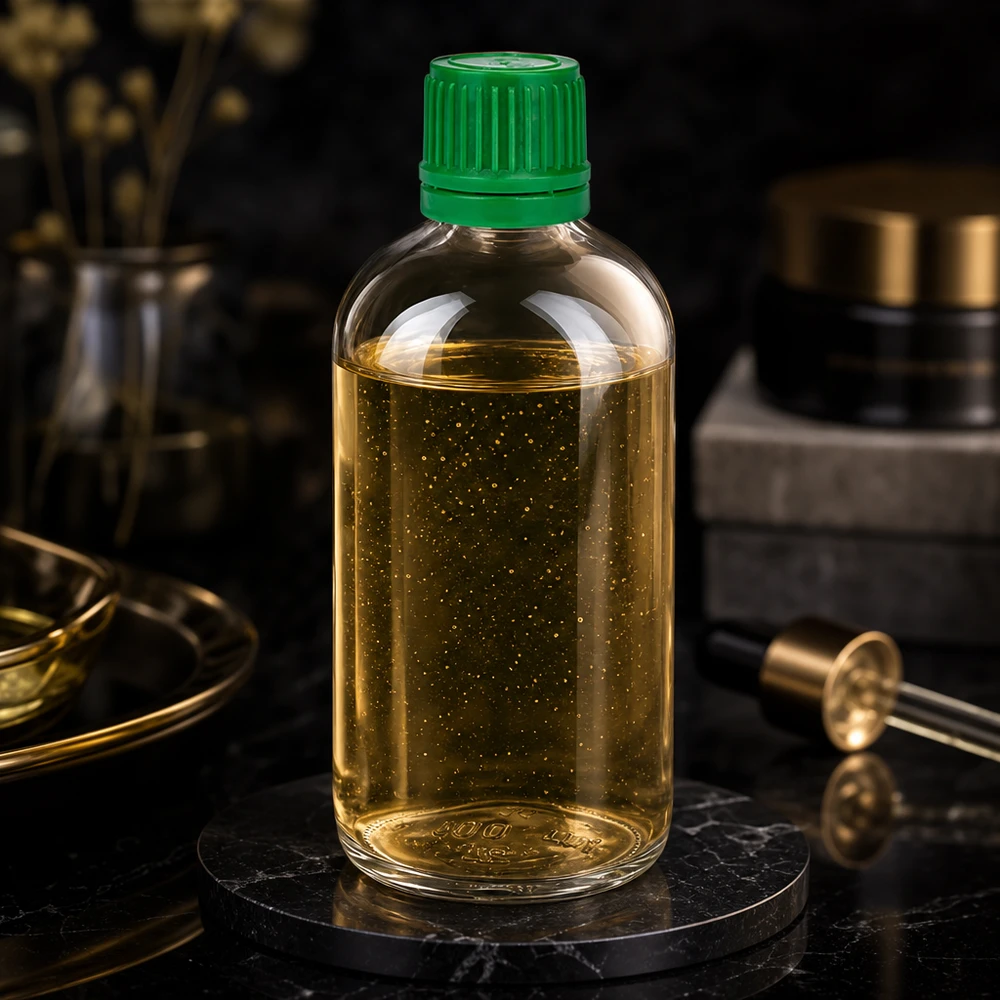 100ml flaska 11mm skruvkork grönt manipulationsskyddat lock ClearLine UT18/100 Guldfärgad olja med glitterpartiklar i en 100 ml glasflaska ClearLine UT18 med grönt skruvlock, 11 mm