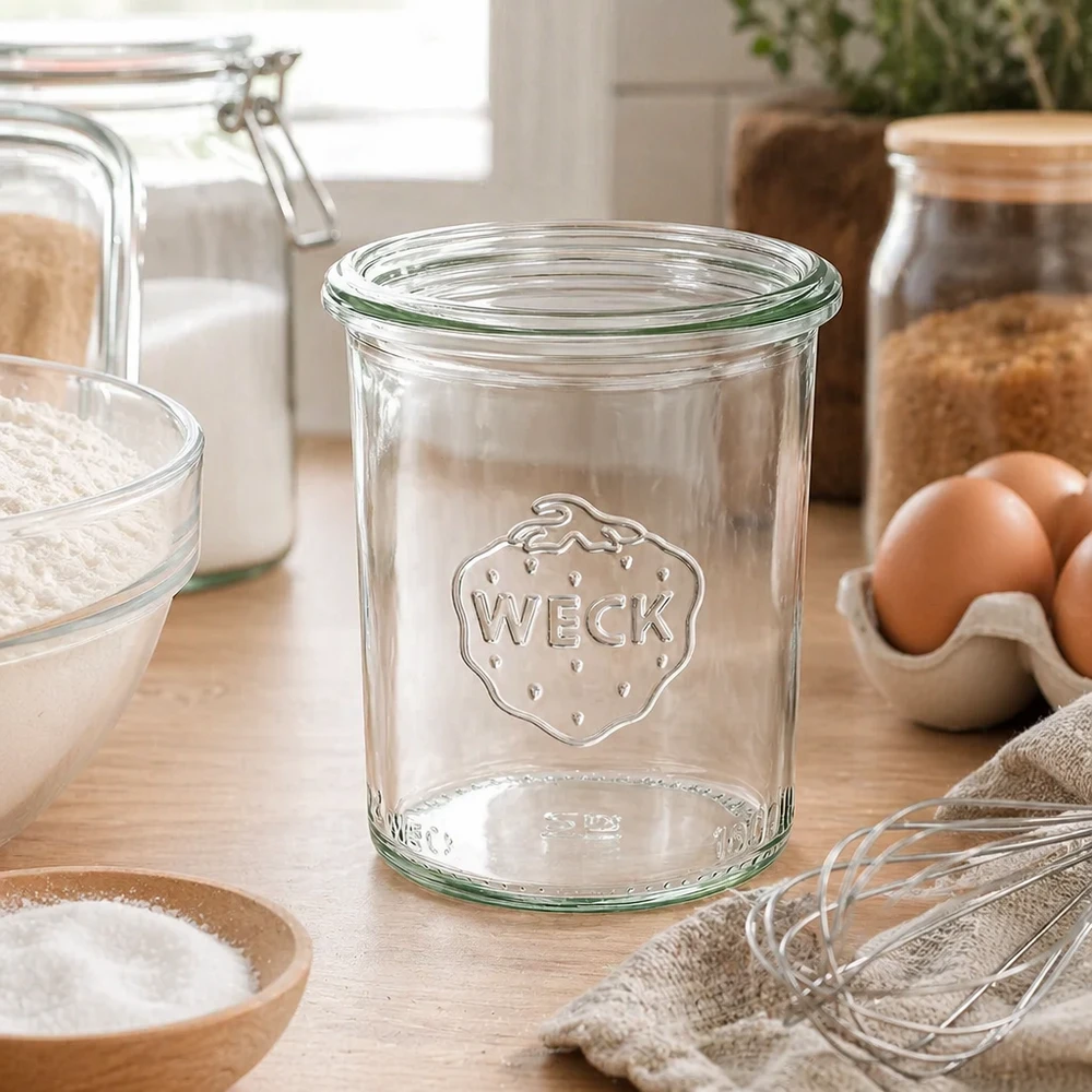 160ml Krossade glasögon WECK RR60 160 ml WECK RR60 klarglasburk med logotyp i ett modernt kök bredvid ägg och bakingredienser
