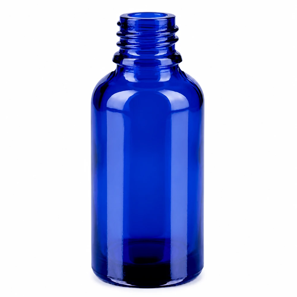 Blå glasflaska 30 ml med 11 mm öppning och grönt lock för aromaterapi