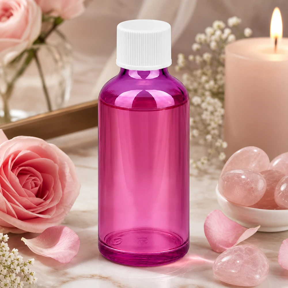 50 ml apoteksflaska i elegant violett glas med praktiskt skruvlock för aromaterapi