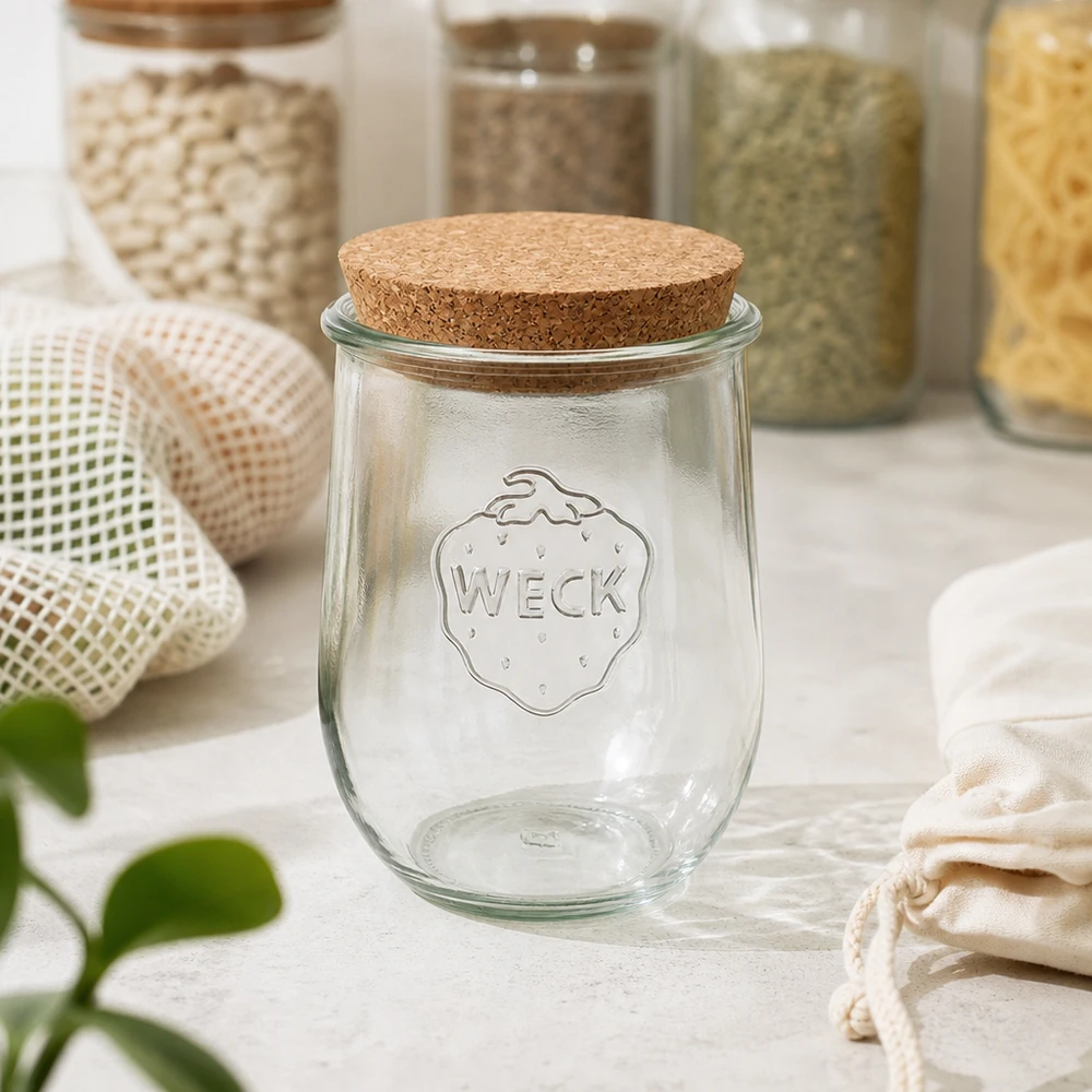 1062ml tulpanburk WECK RR100 med naturkork WECK konserveringsburk RR100 1062ml med korklock i hållbart zero-waste kök mellan förvaringsbehållare