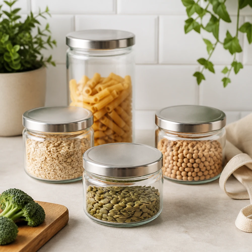330 ml rund burk med BasicSeal-lock i modern köksscen med pasta linser kikärtor pumpafrön förvaringsburk set