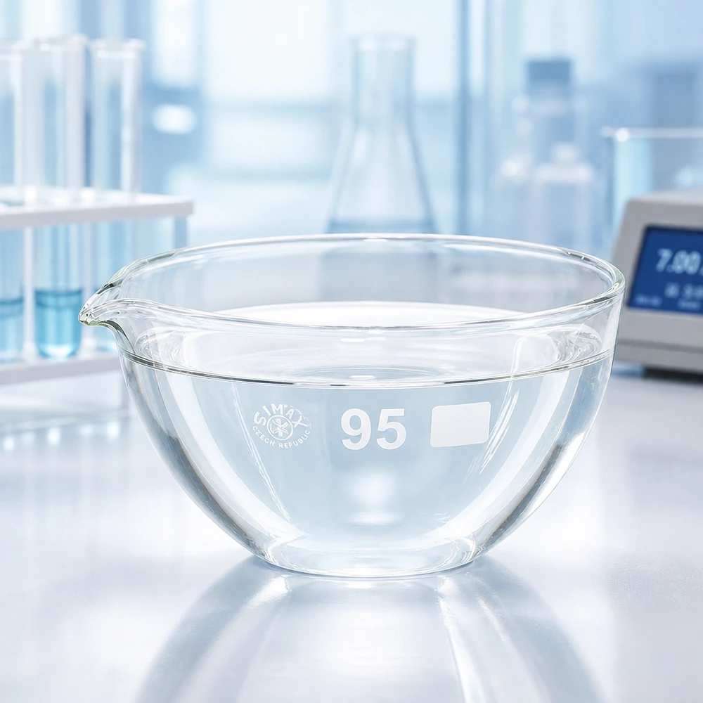 170ml indunstningsskål med pip av borosilikat ø95mm Transparent 170 ml borosilikatindunstningsskål med pip för analytisk kemi