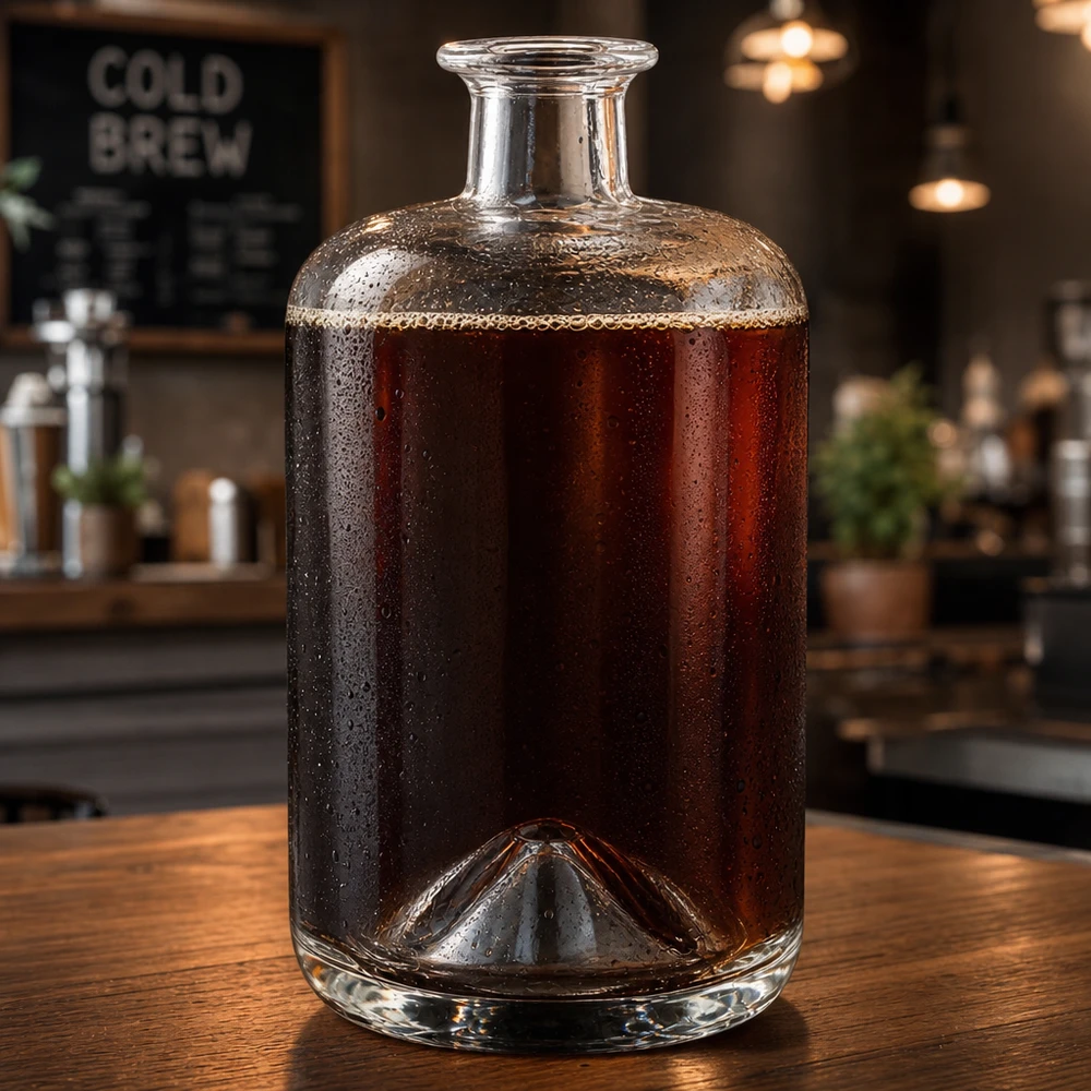 700 ml apoteksflaska Sofia utan lock UNiTWIST® Glasflasche Sofia 700ml mit Cold Brew Kaffee befüllt in Café-Atmosphäre zeigt vielseitige Getränke-Verwendung