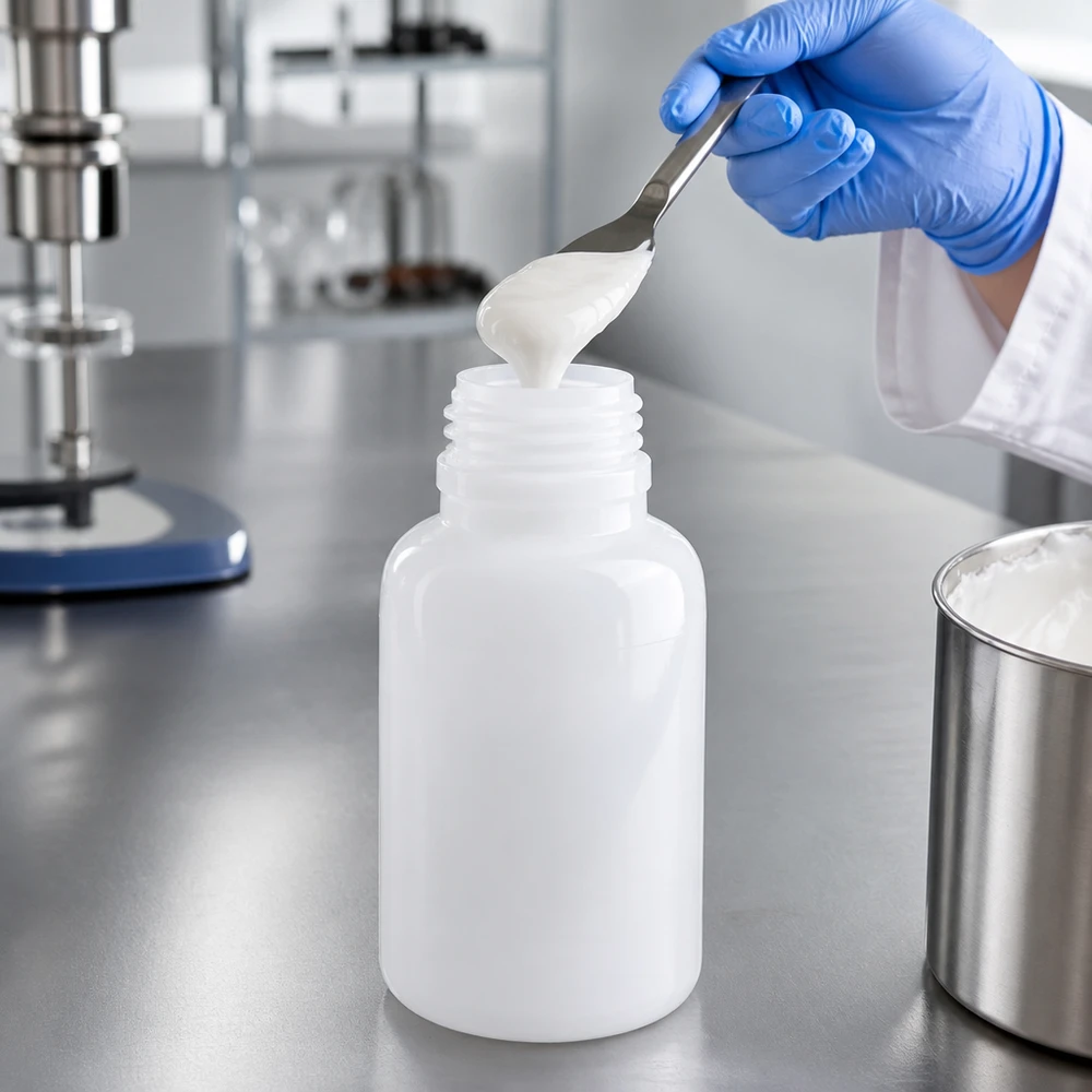 250ml laboratorieflaska med bred hals utan lock Fyllning av en 250 ml laboratorieflaska med vid hals med en krämig substans med hjälp av en sked i renrummet