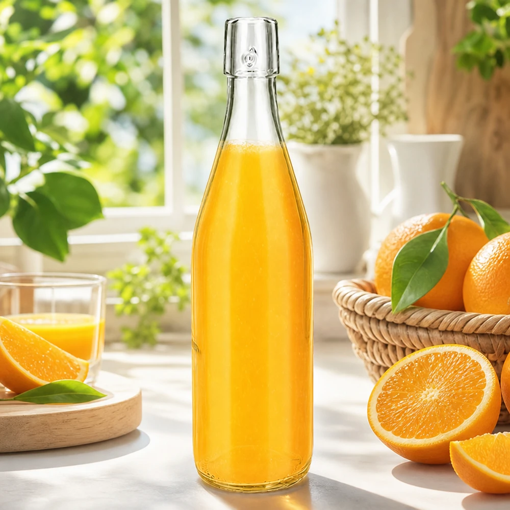 500ml glasflaska utan svängbar topp UNiTWIST 500ml UNiTWIST Glasflasche mit frischem Orangensaft auf sonniger Fensterbank mit Orangen und Glas im Landhausstil