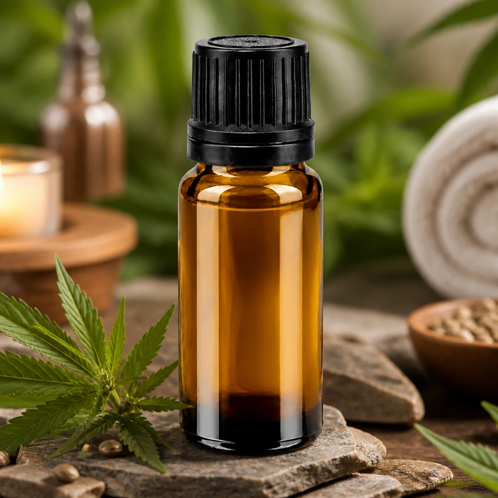 Apoteksflaska brun 10ml dropplock hällring 1mm svart manipuleringssäkert lock Brun 10 ml droppflaska av apotekerglas med svart OV-lock mellan cannabisblad