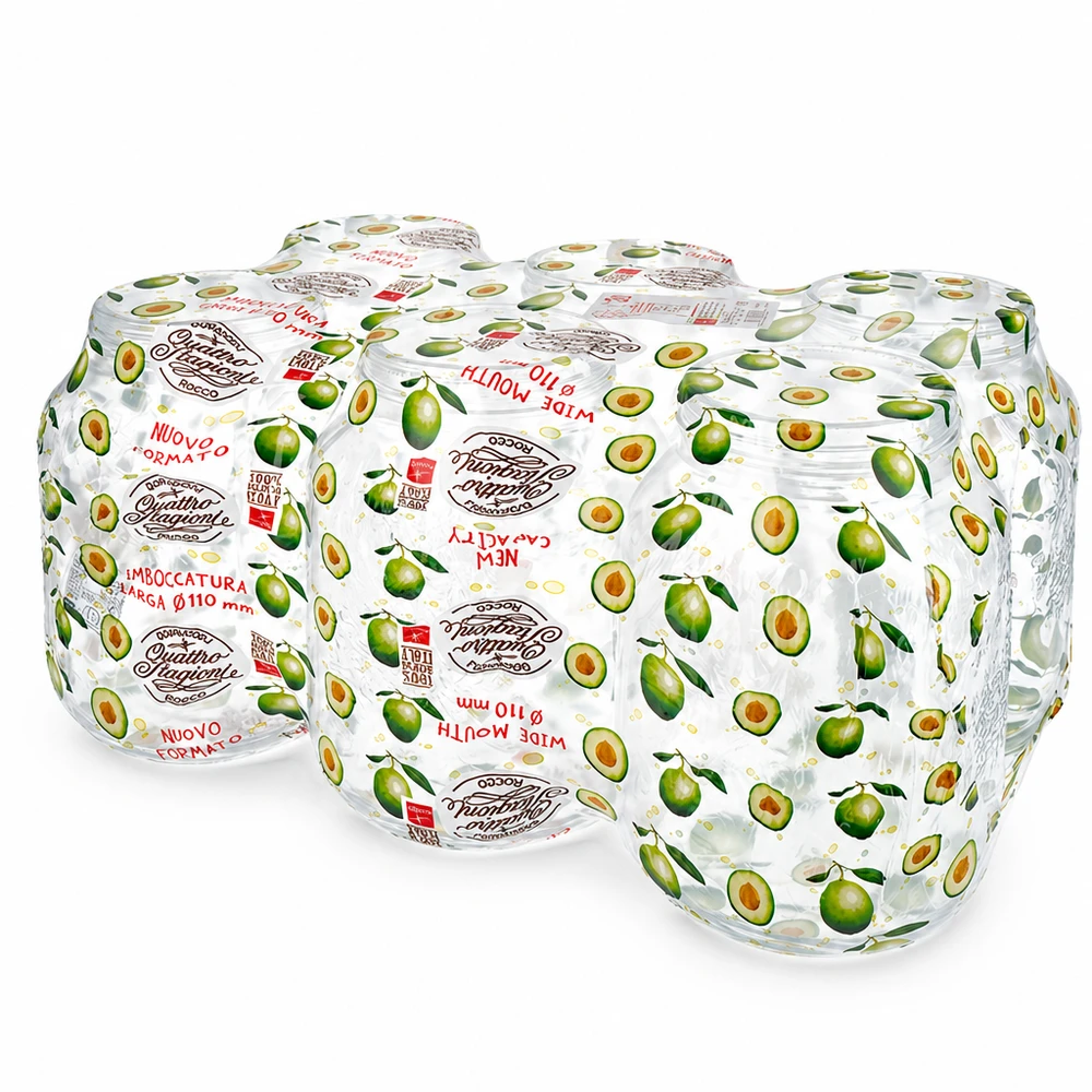 3000ml rund burk "Quattro Stagioni" QS110mm Två 3000 ml Quattro Stagioni hushållsburkar med avokadomönster och skruvlock för konservering och förvaring