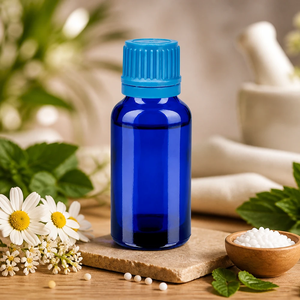 Professionell 20 ml droppflaska av UV-skyddande blått glas för homeopatiska läkemedel