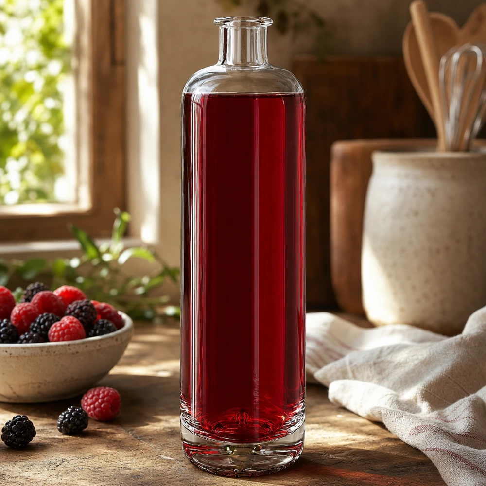 700 ml glasflaska Ella fylld med rödbärsjuice bredvid färska hallon och björnbär i ett rustikt kök