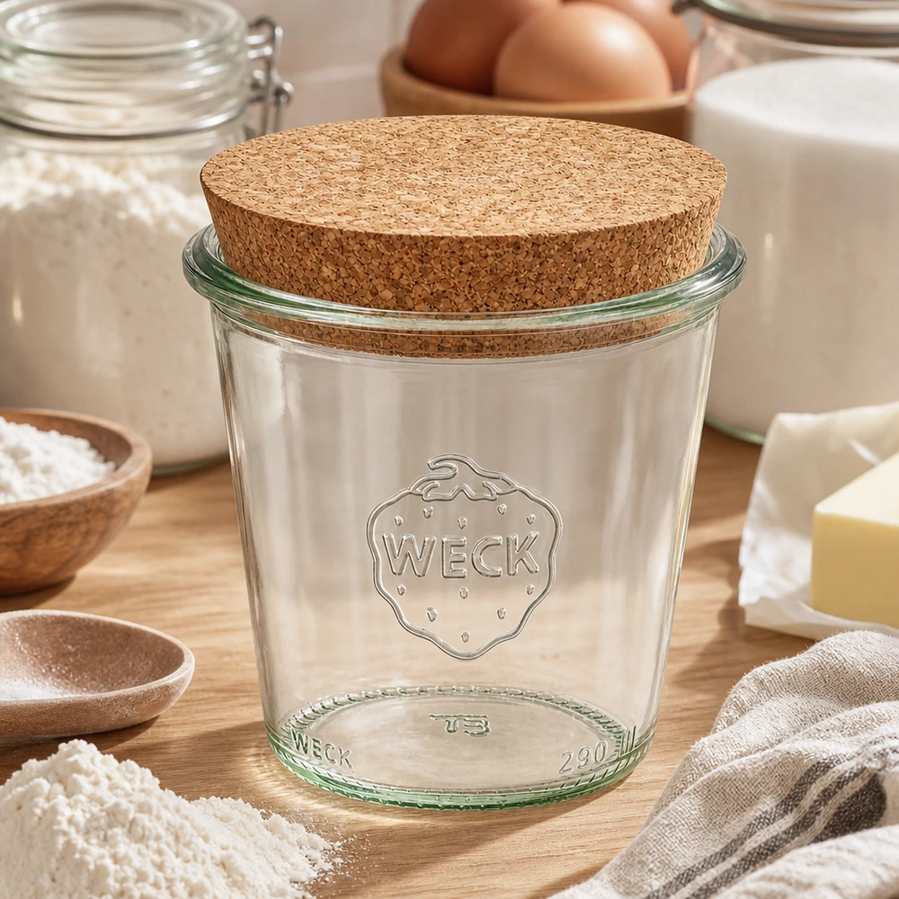 WECK muggar 290ml RR80 med korklock i kök omgiven av bakingredienser mjöl ägg och mjölk på en träbotten