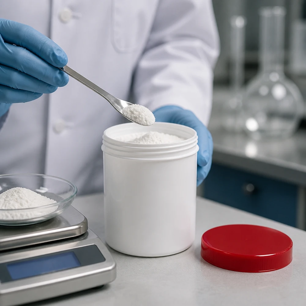 Rund salvorburk på 100 g av vitt polypropen med rött skruvlock på en laboratorievåg