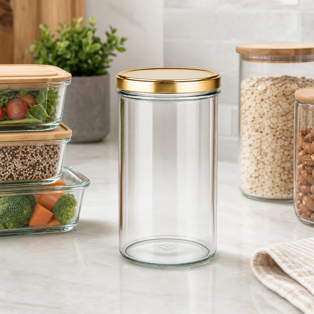 Tomma 277 ml-glas med UNiTWIST-lock i guld i moderna kök bredvid förvaringskärl och grönsaker