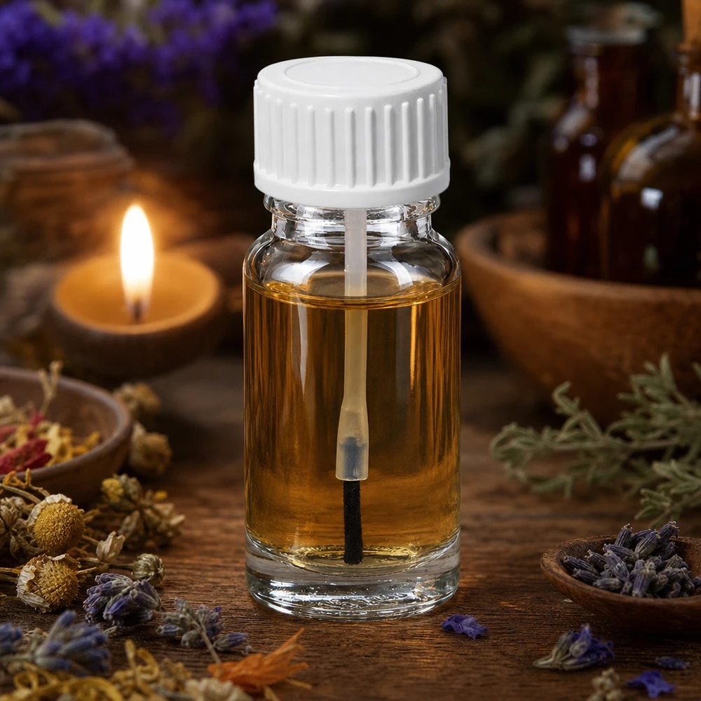 Penselflaska 10 ml med guldfärgad oljepensel och vit kork på ett träbord
