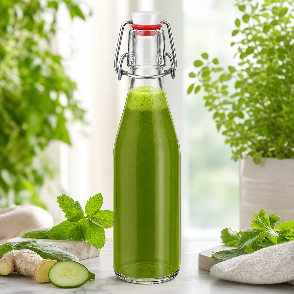 250 ml glasflaska + svängbart lock PVC UNiTWIST 250 ml glasflaska med svängbart lock fylld med grön smoothie, ingefära gurka mynta örter naturliga ingredienser