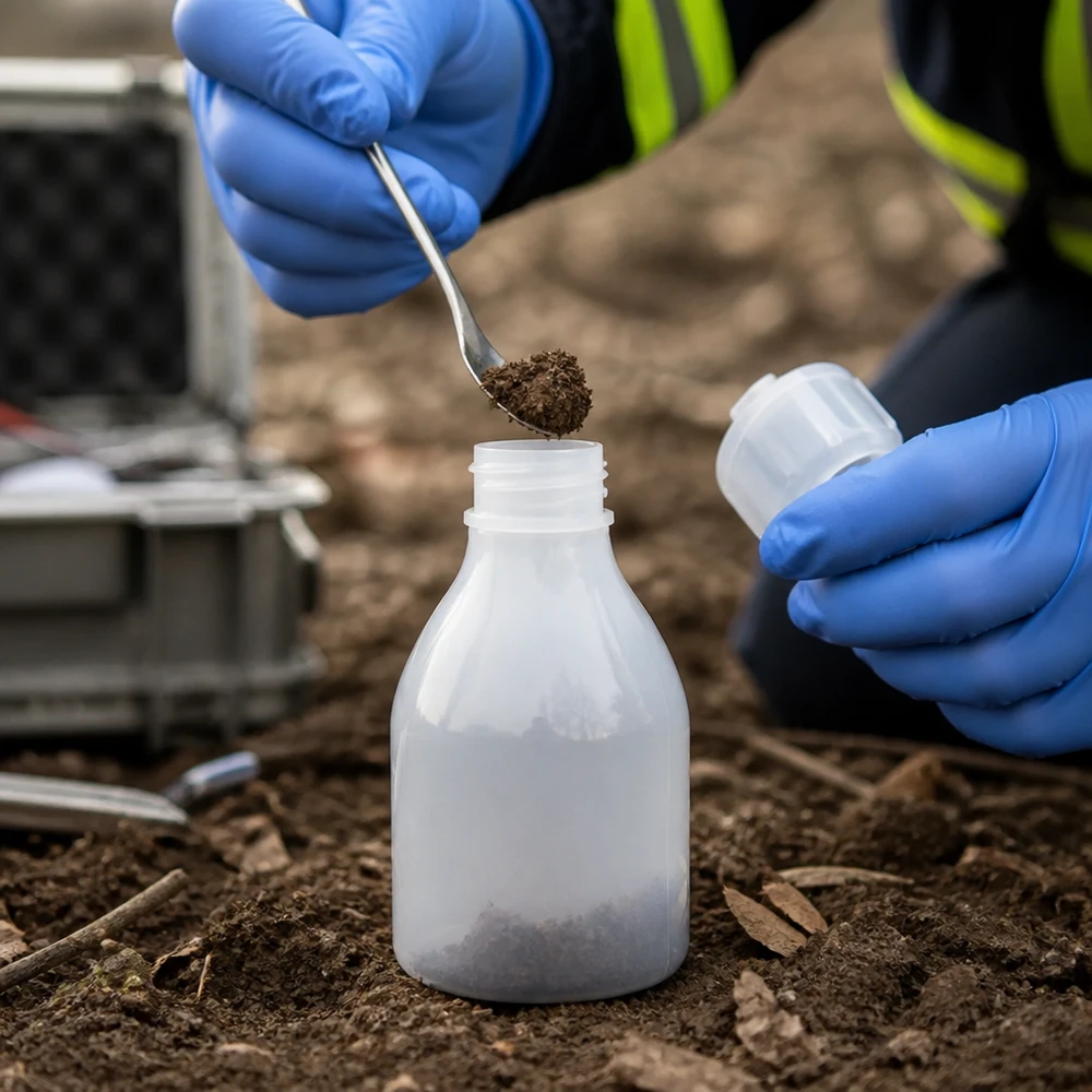 30ml skruvflaska, laboratorieflaska med smal hals Jordprovet fylls med en sked i en vit 30 ml-skruvflaska för miljöanalys