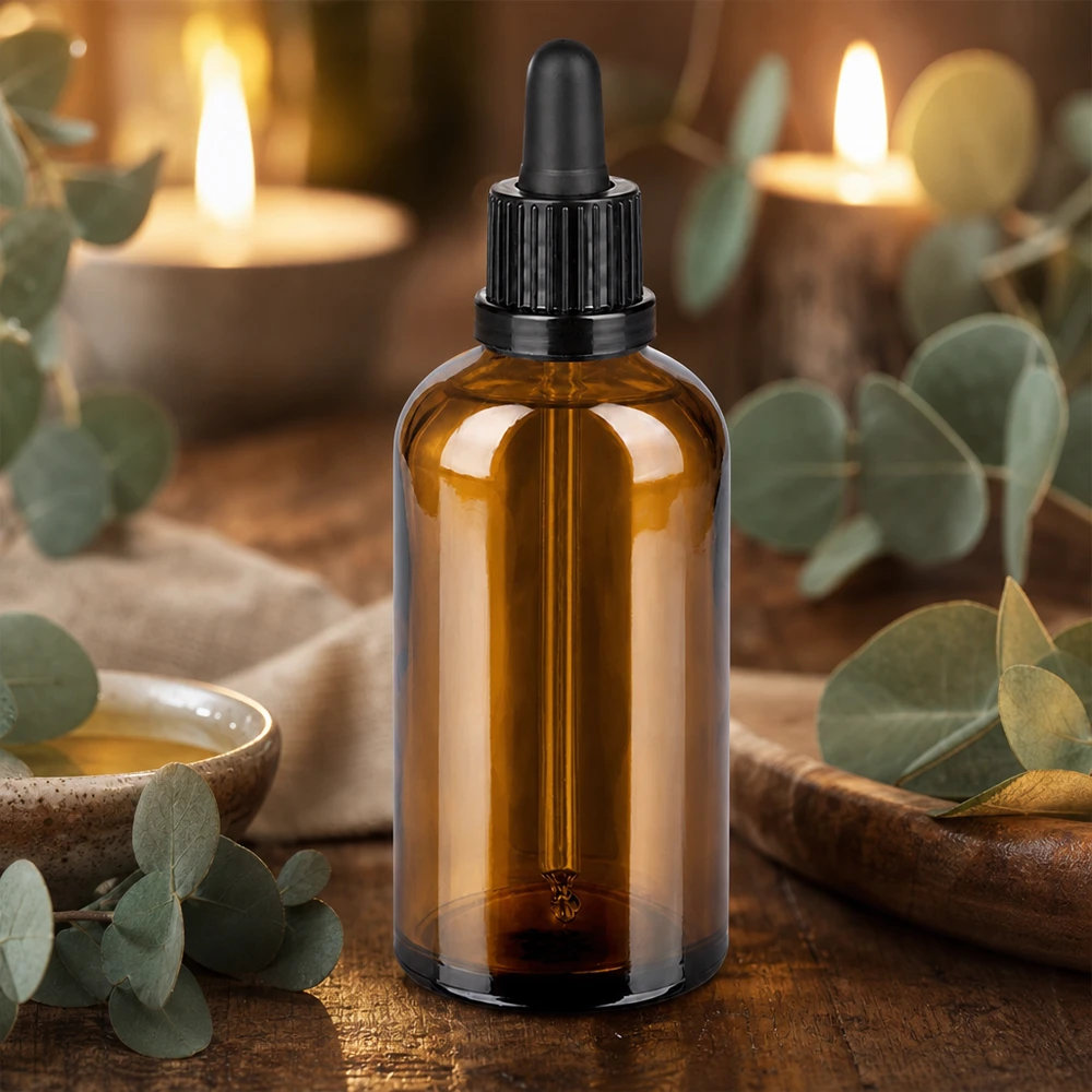 100 ml pipettflaska svart med säkerhetsförslutning BrownLine UT18/100 100 ml pipettflaska i bärnstensfärgat glas med svart gummilock för eteriska oljor