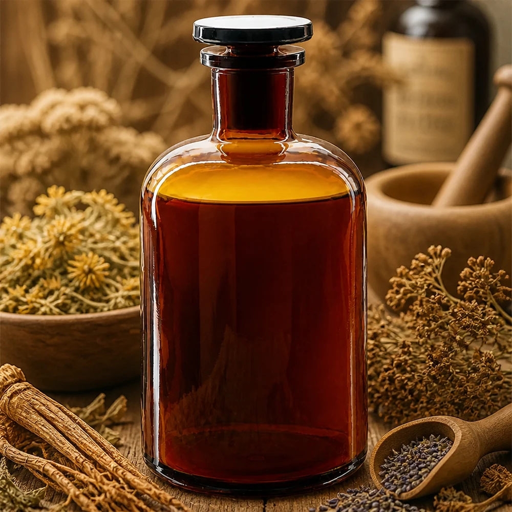 Flaska med rund axel 500ml brun glaspropp med smal hals Rundskuldrad flaska i brunt glas, 500 ml, med smal hals och propp, omgiven av medicinalväxter och naturprodukter
