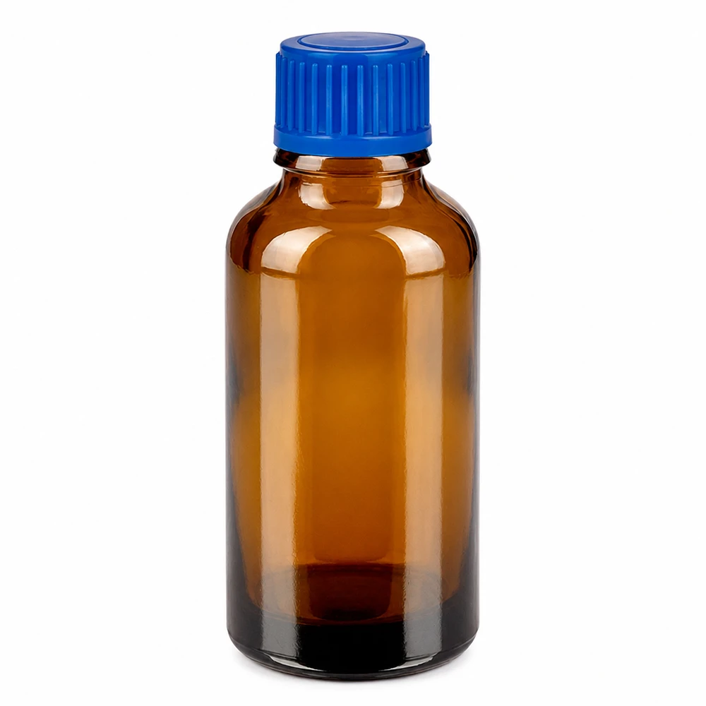 30 ml brun glasflaska med blått skruvlock för eteriska oljor och läkemedel