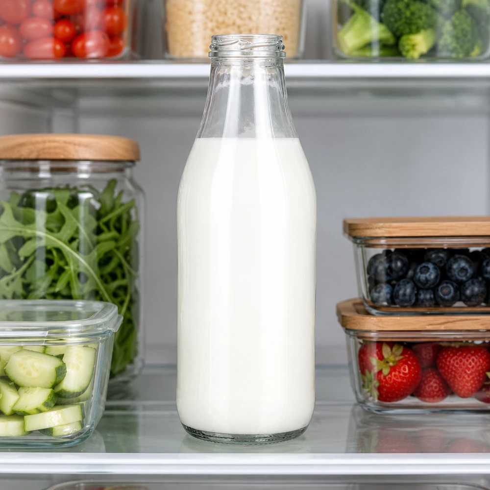 1000ml glasflaska utan lock (TO48) UNiTWIST Milchflasche 1000ml Glas TO48 UNiTWIST mit frischer Milch im Kühlschrank neben Obst und Gemüse Kücheneinsatz
