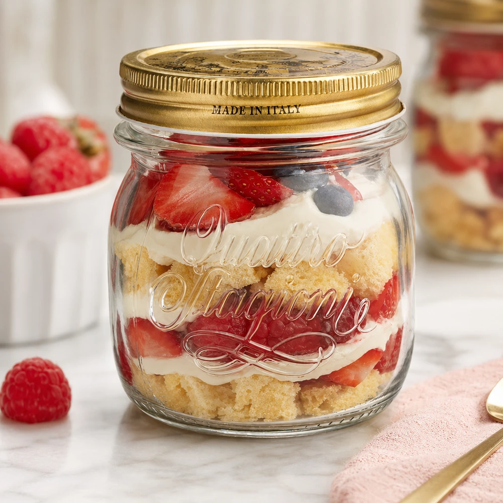 250ml rund burk "Quattro Stagioni" med lock 250 ml runt glas Quattro Stagioni med gyllene lock fyllt med en lagrad dessert av jordgubbar och grädde Tillverkad i Italien