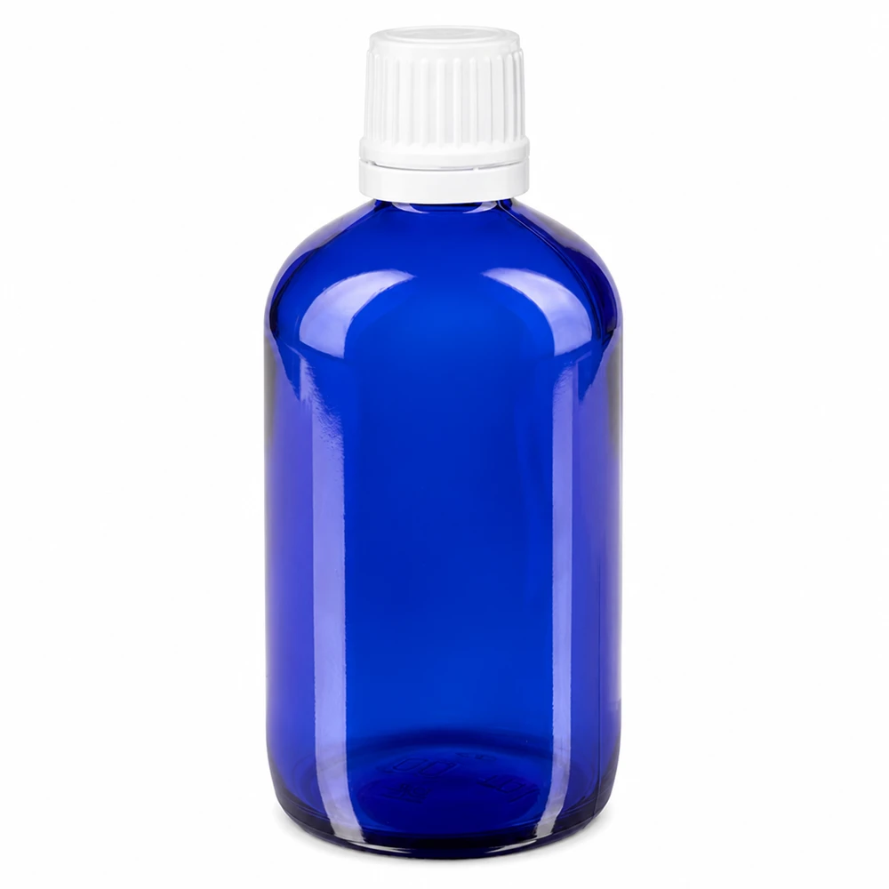 Blå apoteksflaska i glas, 100 ml, med vitt barnsäkert lock och droppinsats