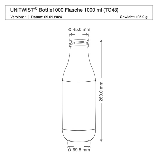 1000ml glasflaska utan lock (TO48) UNiTWIST Teknisk ritning 1000ml UNiTWIST glasflaska med måtten 260mm höjd 45mm halsöppning TO48 gänga
