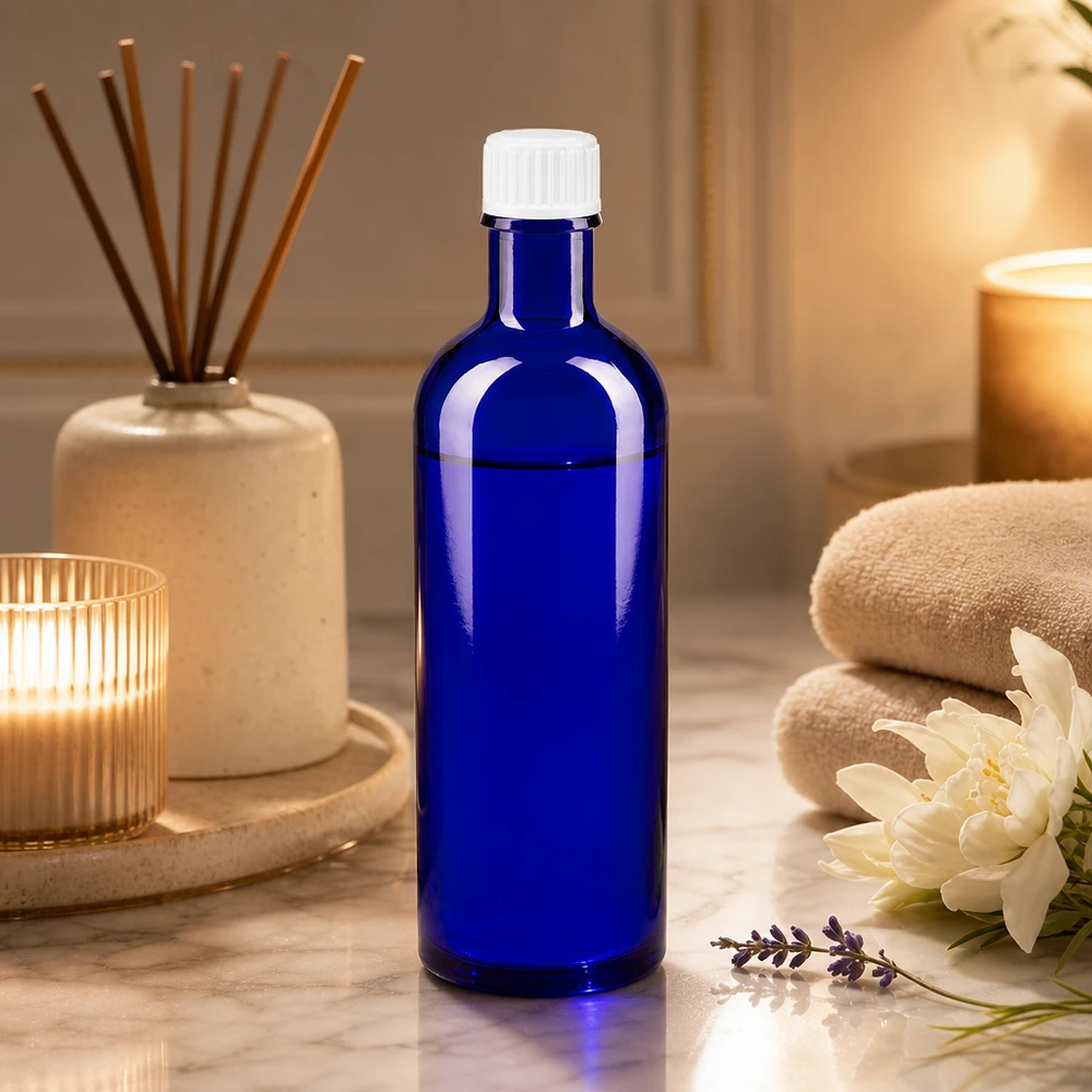 Apoteksflaska blå 200ml skruvkork vit standard Blå glasflaska på 200 ml med vit originalförslutning på marmor, omgiven av ljus och blommor