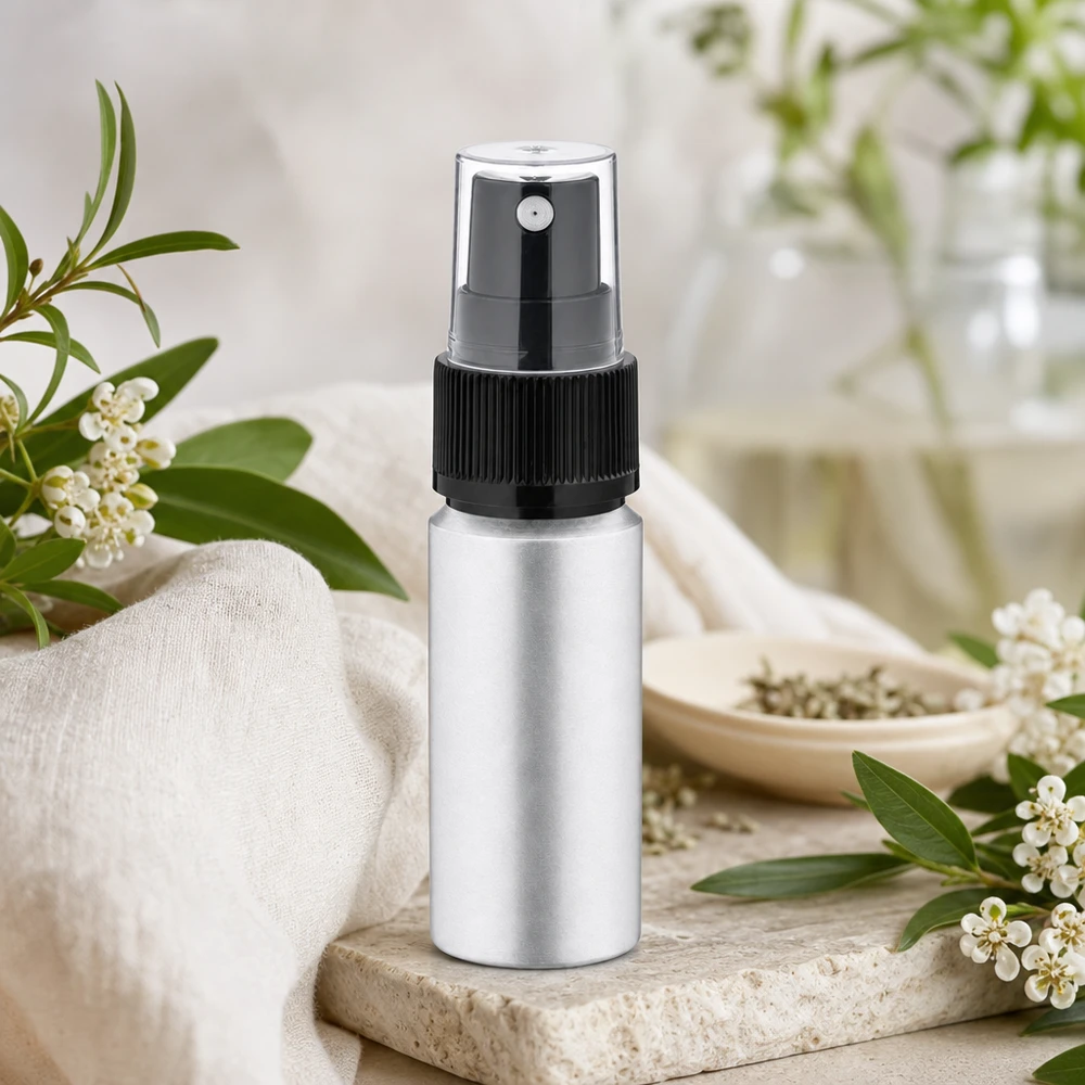 20ml flaska i betad aluminium med atomiserare Elegant 20 ml aluminiumflaska med borstad yta och finfördelare för professionella kosmetiska produkter