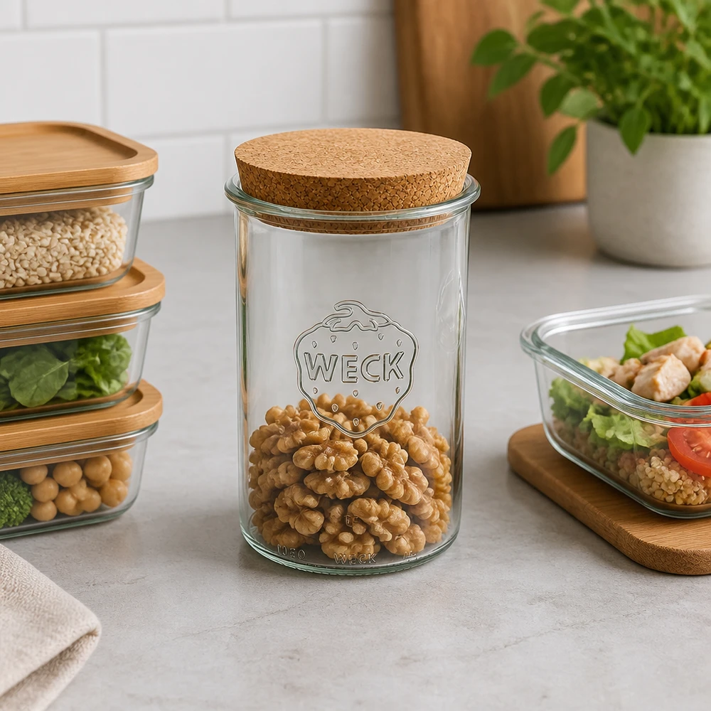 1000ml Krossade glasögon WECK RR100 med naturkork WECK Sturzglas RR100 1000ml mit Korkdeckel gefüllt mit Walnüssen moderne Küchenorganisation Vorratshaltung Lifestyle