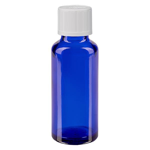 Apoteksflaska blå 30ml skruvkork vit barnsäker standard Apoteksflaska blå 30ml skruvkork vit barnsäker standard