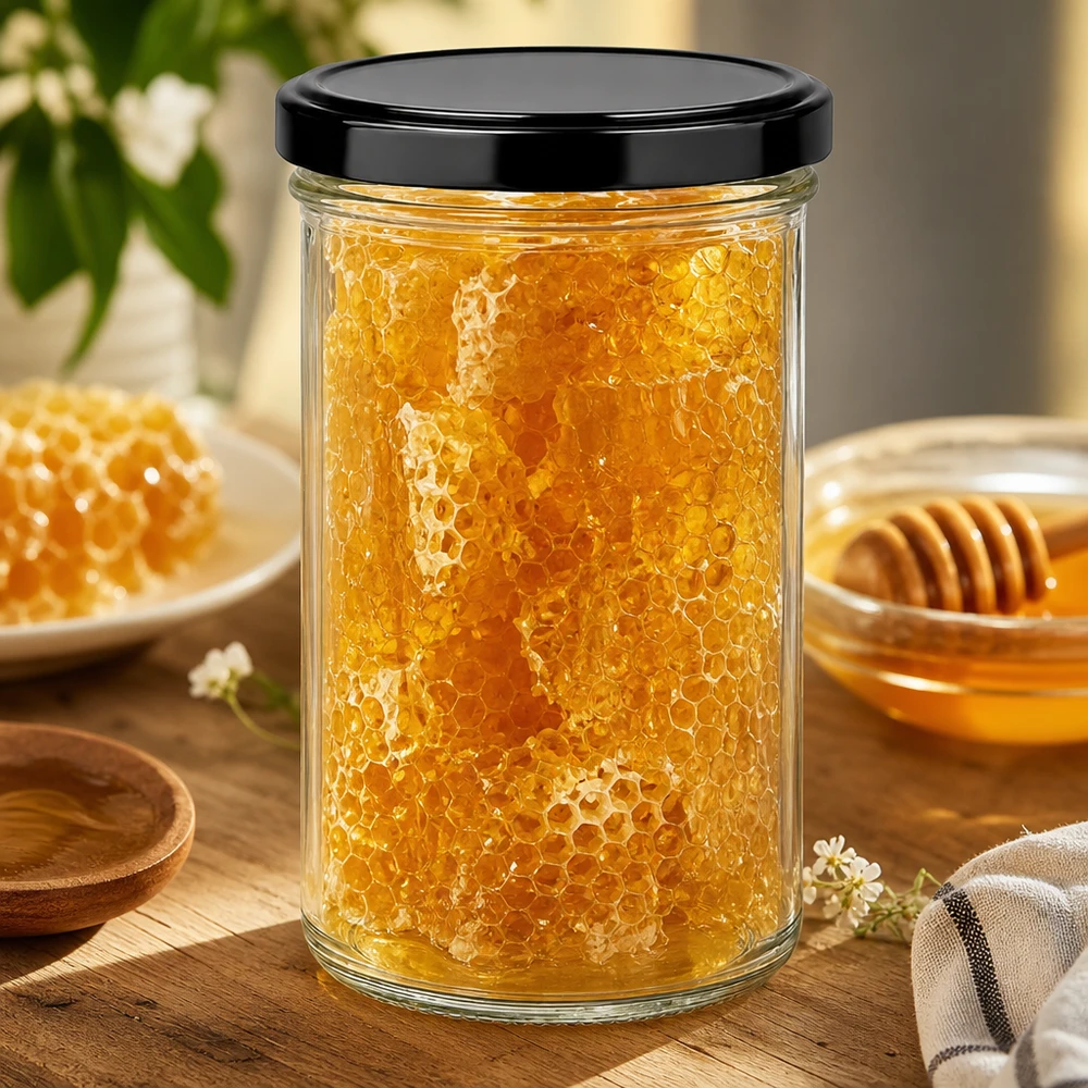 Muggar 277 ml med lock BasicSeal svart UNiTWIST 277ml Sturzglas mit Honigwaben gefüllt zeigt praktische Verwendung als Vorratsglas für Naturprodukte