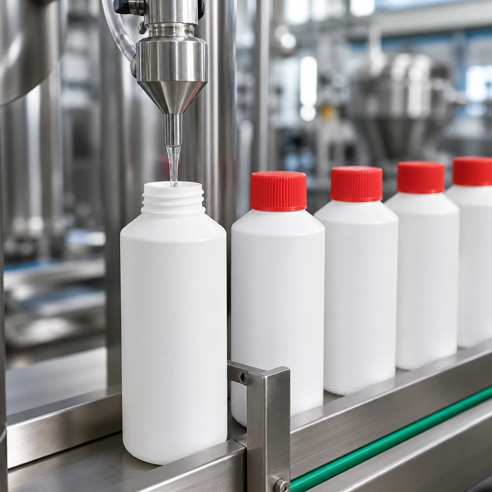 Apoteksflaska HDPE 100ml vit, med rött skruvlock Industriell fyllning av vita HDPE-apotekflaskor på 100 ml med röda skruvlock på transportband