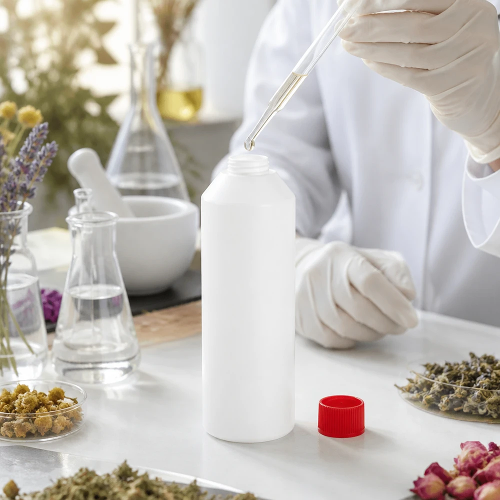 Pipett fyller en vit HDPE-apotekflaska på 250 ml med rött skruvlock i ett laboratorium för naturkosmetik