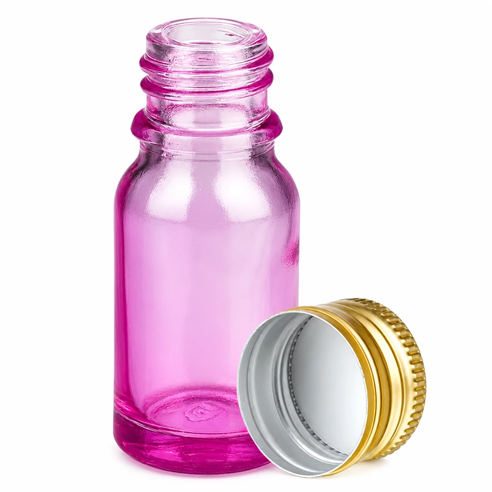 Liten lila glasflaska 10 ml med gyllene aluminiumlock för kosmetika och aromaterapi